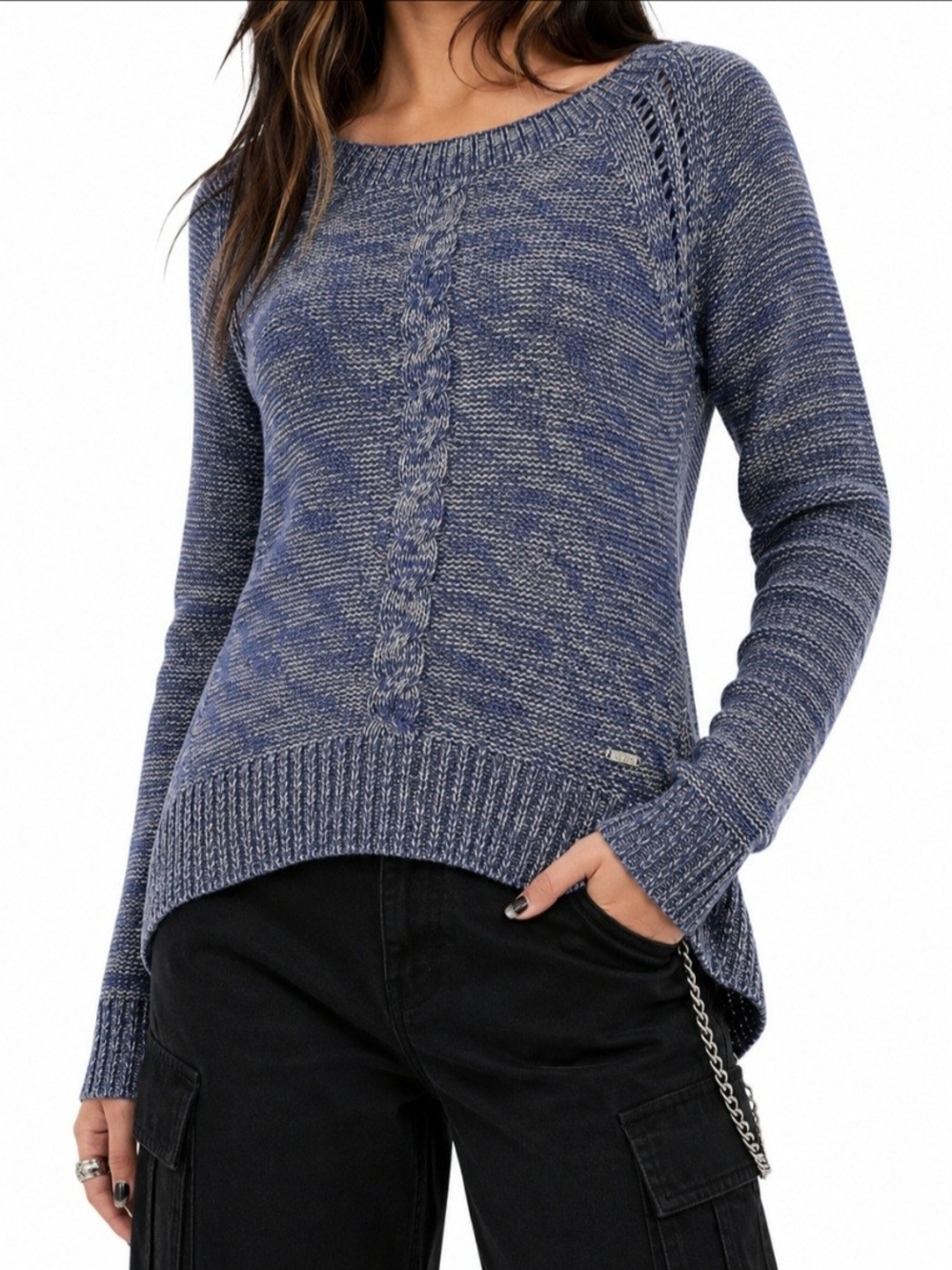 Guess Marled Blue & Grey Scoop-Neck Cable Knit Sweater